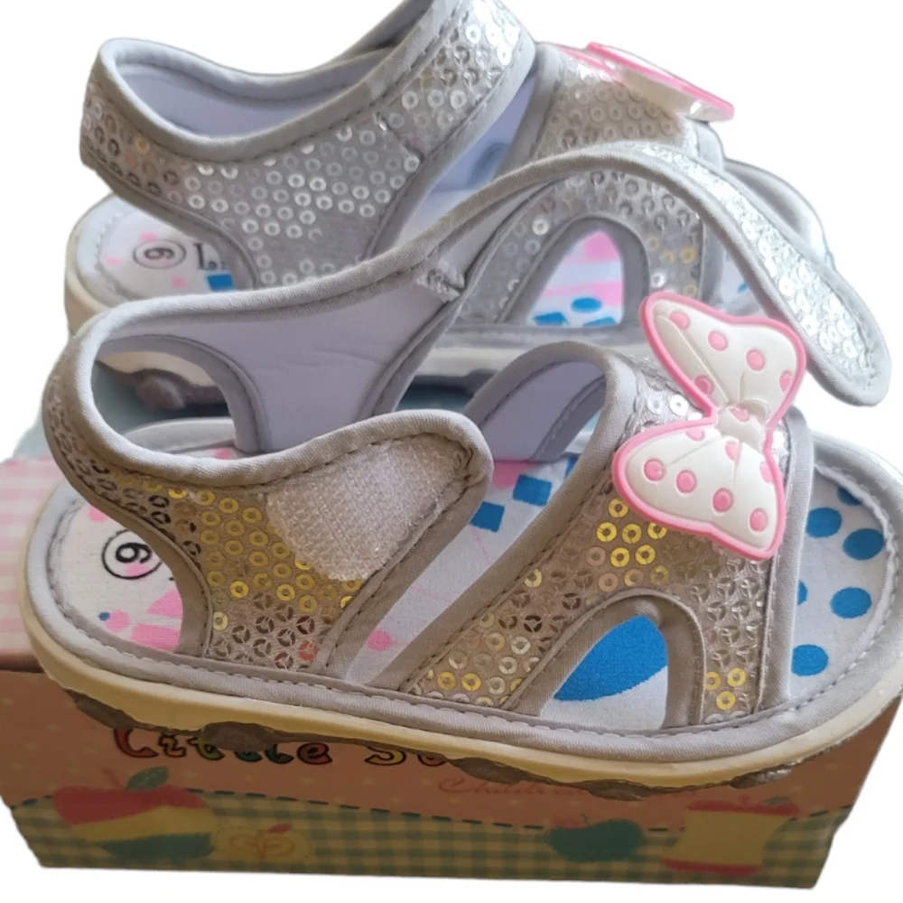 Little Star Silver Sequins White Pink Bow Strap Sandals Squeek Shoes, Size 6